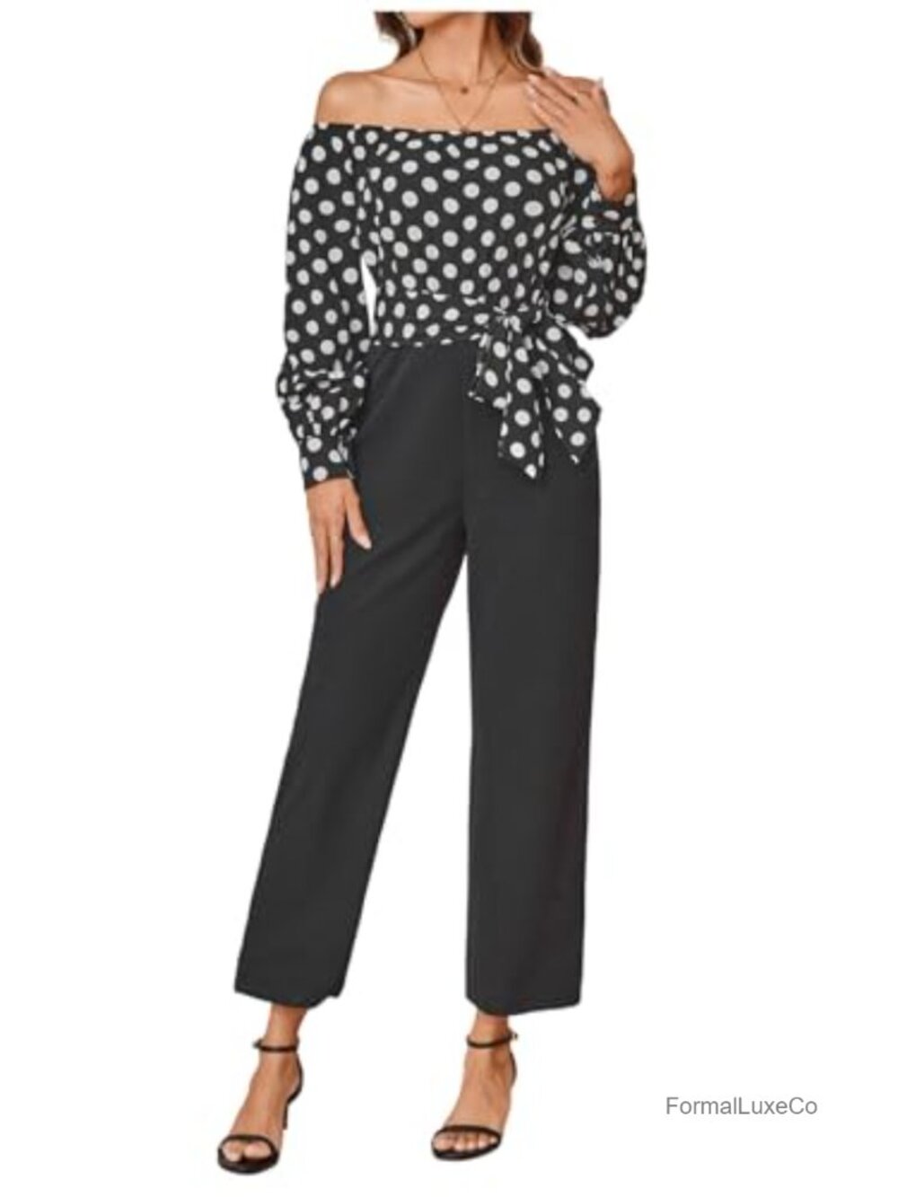 Polka Dots Off Shoulder Bishop Long Sleeve Belted Jumpsuit